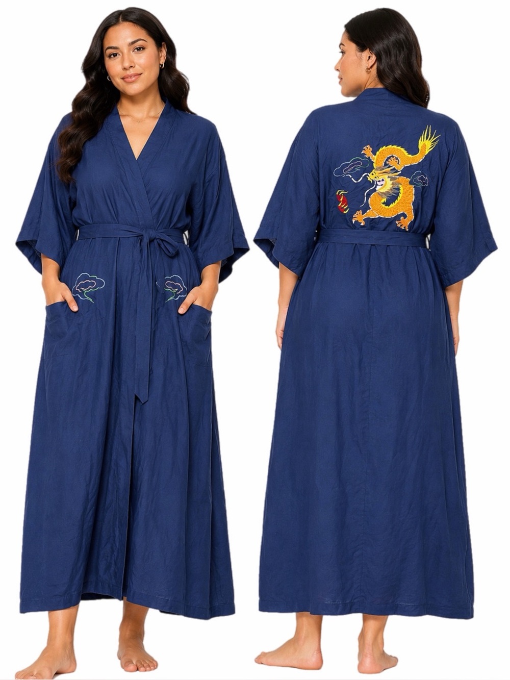 90s Euro Chinese Vintage Dragon Embroidered Kimono Maxi Robe (Blue) M